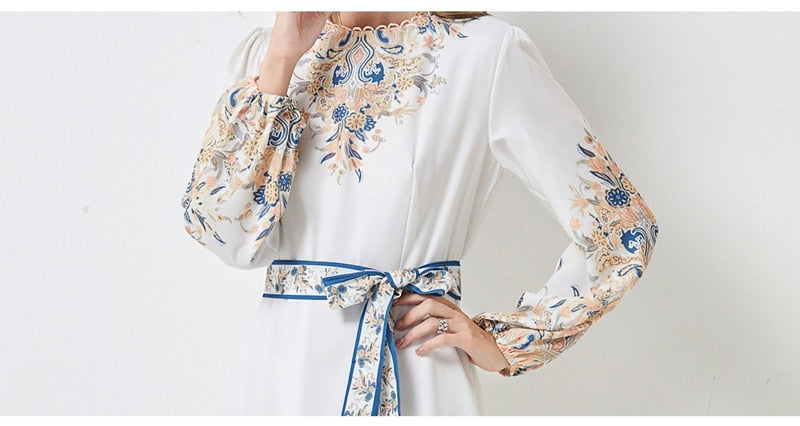 High Quality Floral Print Long Sleeve Elegant High Waist Maxi Dress